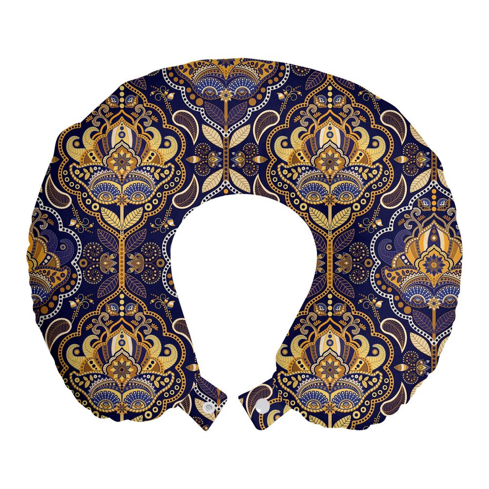 Ambesonne Asian Travel Pillow Neck Rest, Oriental Antique Pattern Foliage Inspirations Geometrical Design, Memory Foam Traveling Accessory for Airplane and Car, 12", Purple Yellow