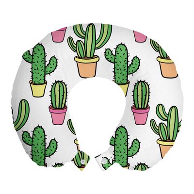Ambesonne Cactus Travel Pillow Neck Rest, Vases and Pots with Flowers Cartoon Drawing Colorful Summer Plants Design, Memory Foam Traveling Accessory for Airplane and Car, 12", Peach Pink Green
