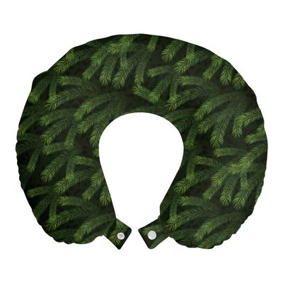 Ambesonne Winter Travel Pillow Neck Rest, Vivid Fir Pine Branches Trees Coniferous Trees Evergreen Nature Forest, Memory Foam Traveling Accessory for Airplane and Car, 12", Green Caramel