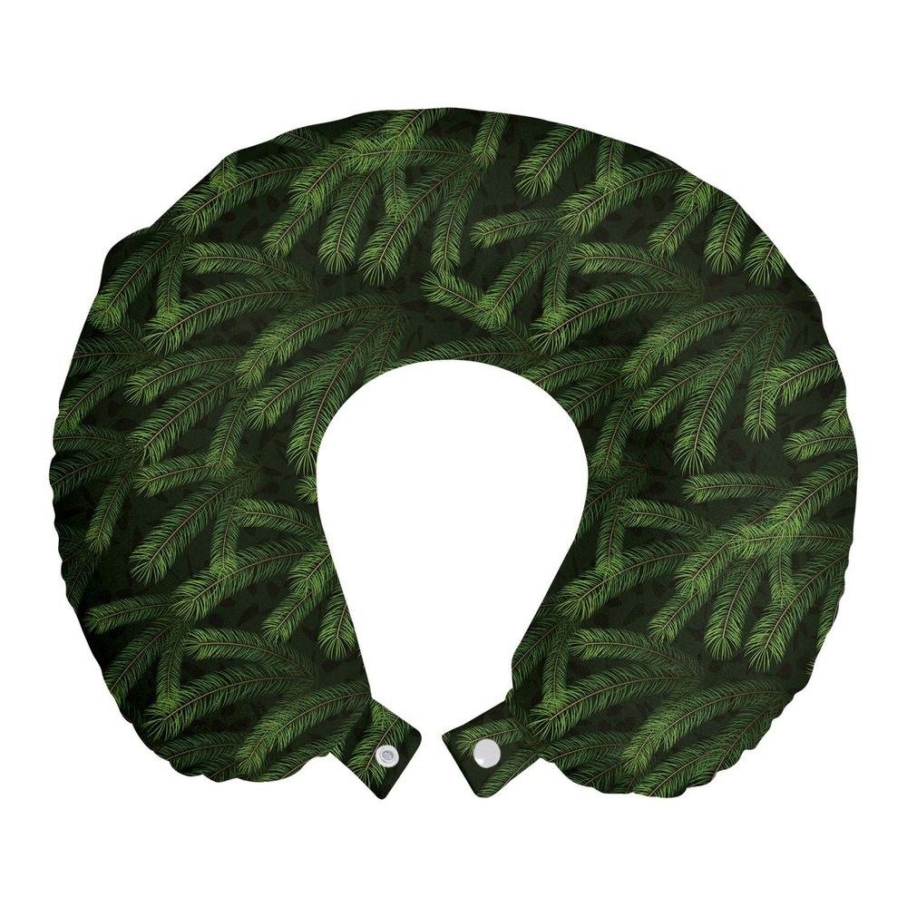 Ambesonne Winter Travel Pillow Neck Rest, Vivid Fir Pine Branches Trees Coniferous Trees Evergreen Nature Forest, Memory Foam Traveling Accessory for Airplane and Car, 12", Green Caramel