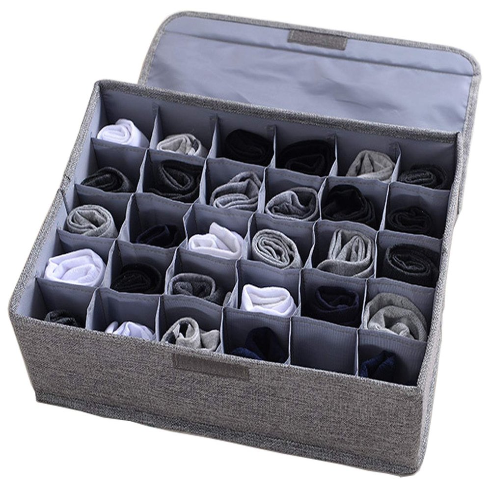 AARAINBOW Underwear Socks Ties Storage Organizer with Lids Foldable Closet Drawer Organizer 30 Cells, Fabric Wardrobe Divider Storage Box for Scarves and Lingerie (30 Cell, Gray)