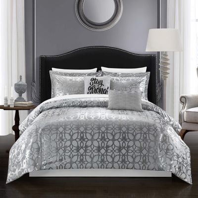Chic Home Shefield Geometric Gold Tone Metallic Lattice Pattern Print Bedding-Decorative Pillows Shams Included, Twin, Grey