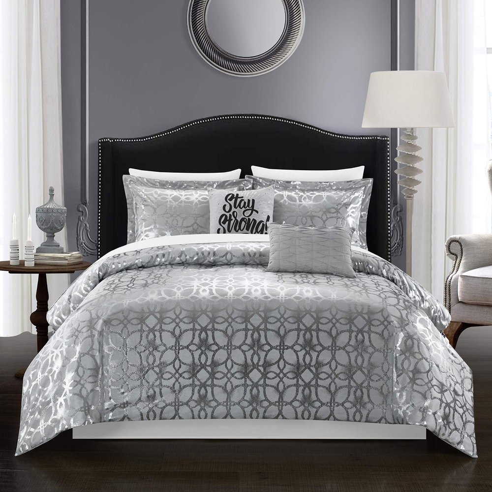 Chic Home Shefield Geometric Gold Tone Metallic Lattice Pattern Print Bedding-Decorative Pillows Shams Included, Twin, Grey