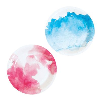 Fun Express Pink & Blue Watercolor Paper Dessert Plates - 7" Inch Round Disposable Paper Plates - Party Decorations Tableware Perfect for Birthday Wedding & Baby Showers - Party Supplies - 8 Pieces