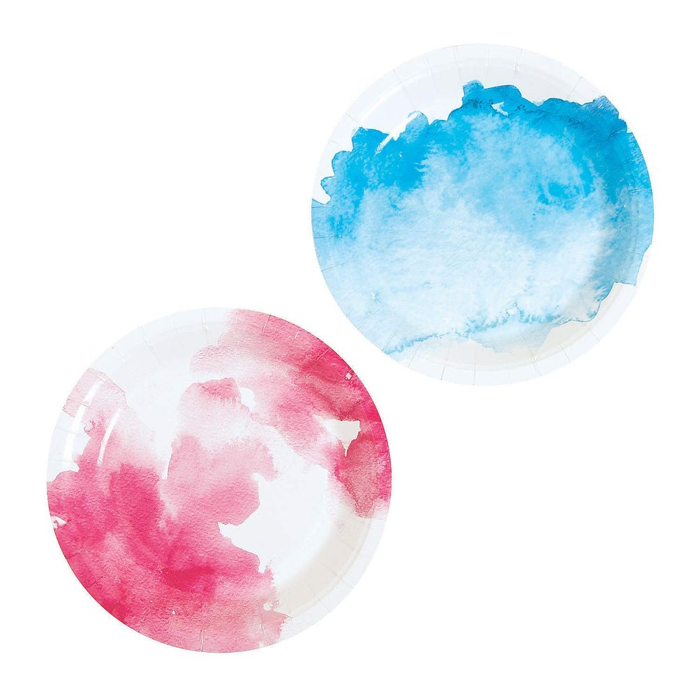 Fun Express Pink & Blue Watercolor Paper Dessert Plates - 7" Inch Round Disposable Paper Plates - Party Decorations Tableware Perfect for Birthday Wedding & Baby Showers - Party Supplies - 8 Pieces