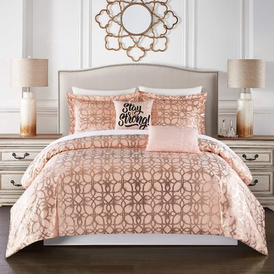 Chic Home Shefield Geometric Gold Tone Metallic Lattice Pattern Print Bedding-Decorative Pillows Shams Included, King, Blush