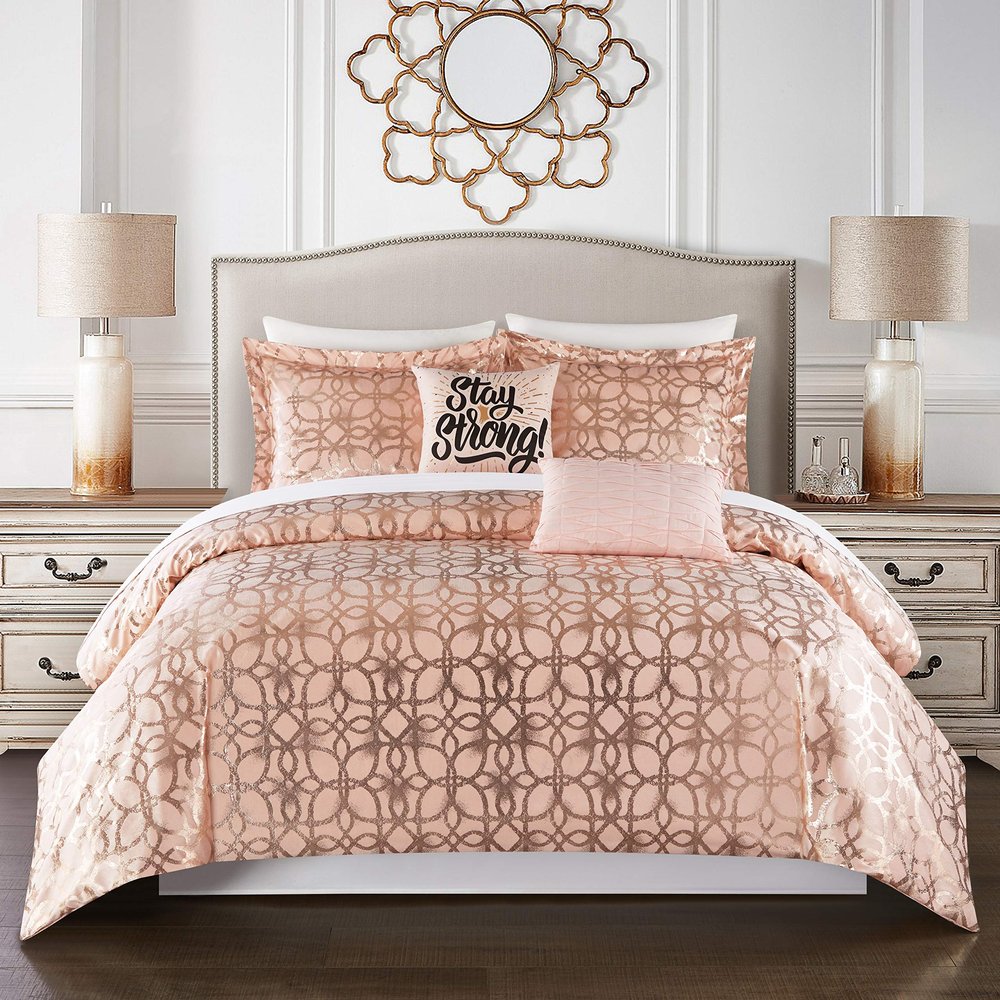 Chic Home Shefield Geometric Gold Tone Metallic Lattice Pattern Print Bedding-Decorative Pillows Shams Included, King, Blush
