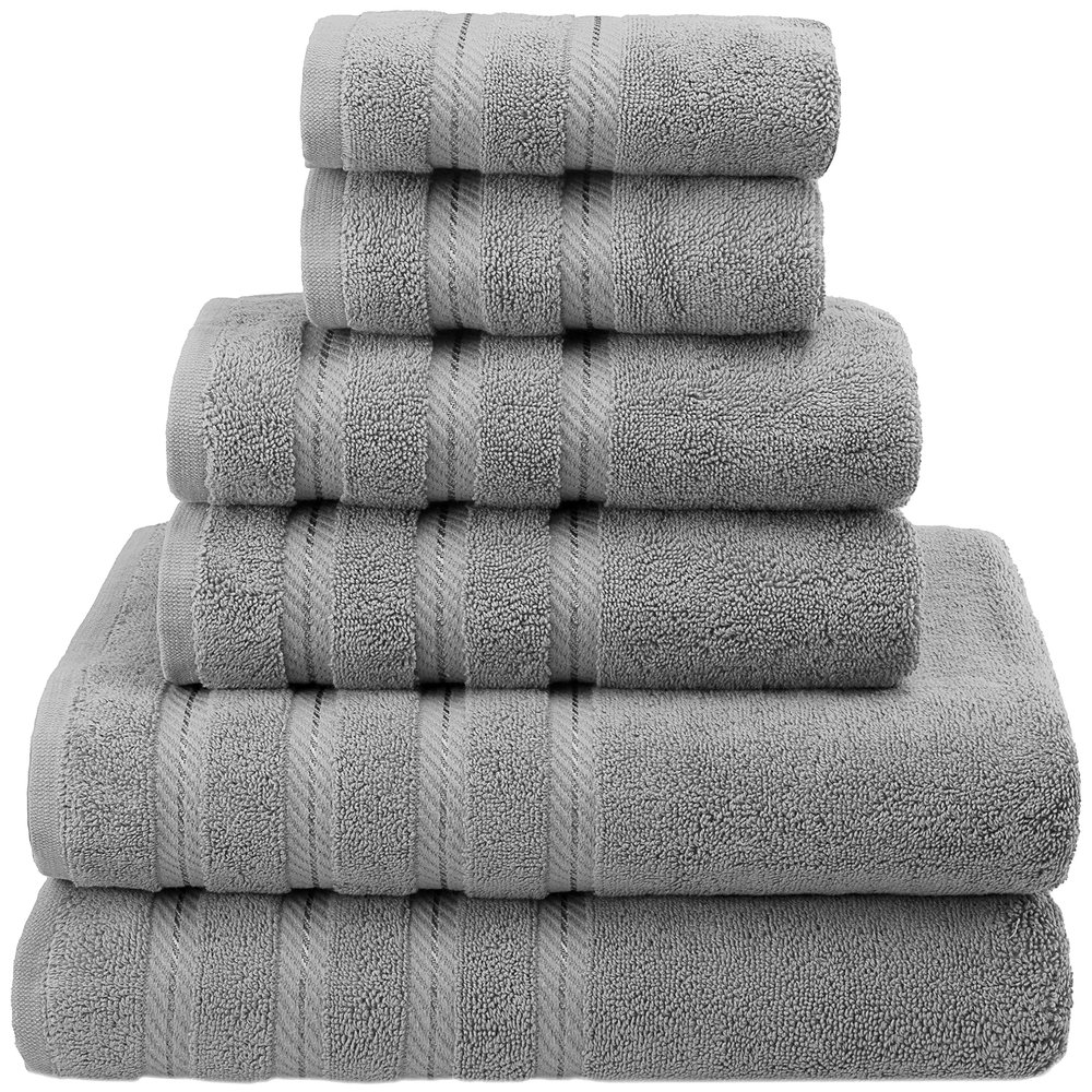 American Soft Linen 100% Carde Cotton 6 Piece Towel Set, 590 GSM Heavy Weight Soft Absorbent Turkish Towels for Bathroom, Cool Grey