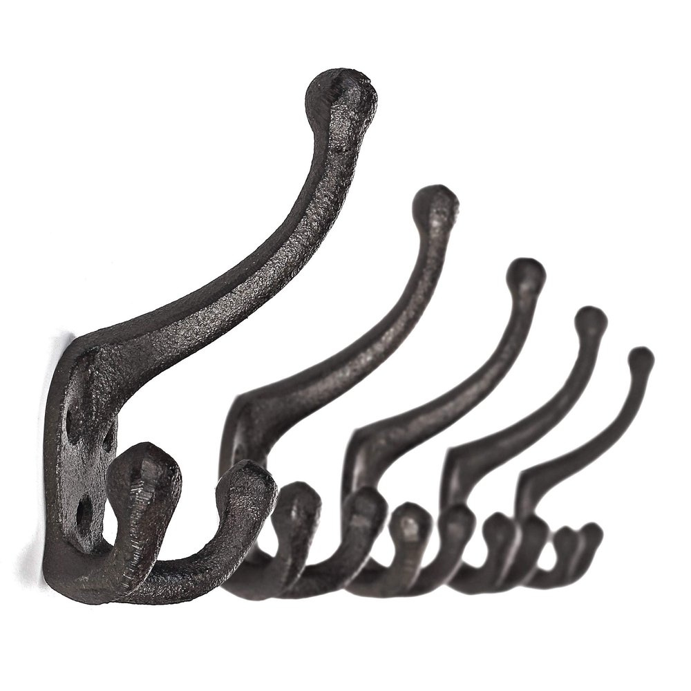 Ambipolar 5-Pack TriLeg Coat Hooks. Wall Mounted, Heavy Duty Decorative Black Wall Hooks for Mudroom, Hat Rack, Purse Hooks. Cast Iron Decorative Antique Black Hooks