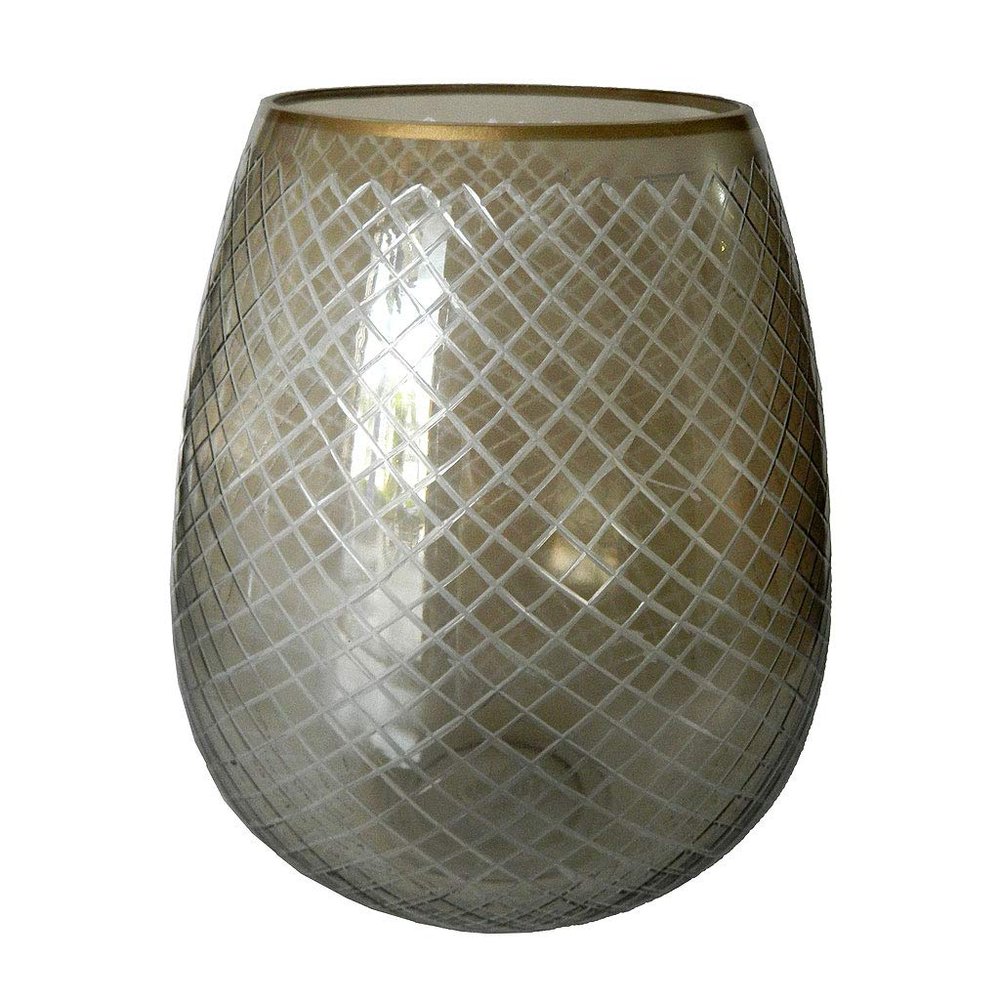 A&B Home Cross-Cut Pattern Glass Candle Holder with Metallic Gold Rim Brown