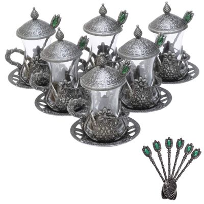 Alisveristime Handmade Turkish Tea Glass Set - Traditional Turkish Motifs, Set of 6 with Lids and Bonus Tea Spoons (Autentic Black)