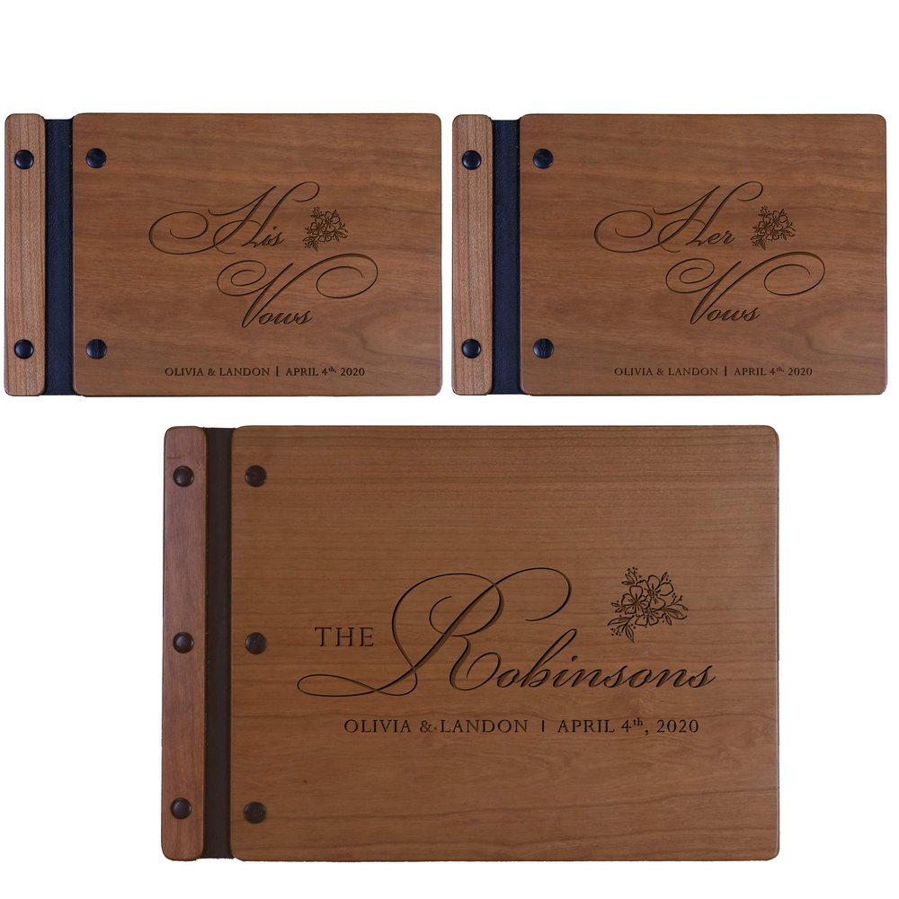 LifeSong Milestones Personalized Wedding Marriage Vow 3 Piece Guest Books - Husband and Wife Marriage Celebration, Custom Engraved Wooden Signature Registry Guest Book Design F (Cherry)