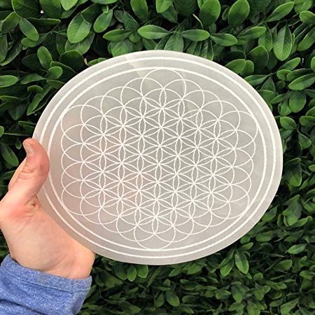 CrystalsAhoy 6" Circle 61 Flower of life etched Selenite Charging Plate, Sacred Geometry, Charge your crystals in style