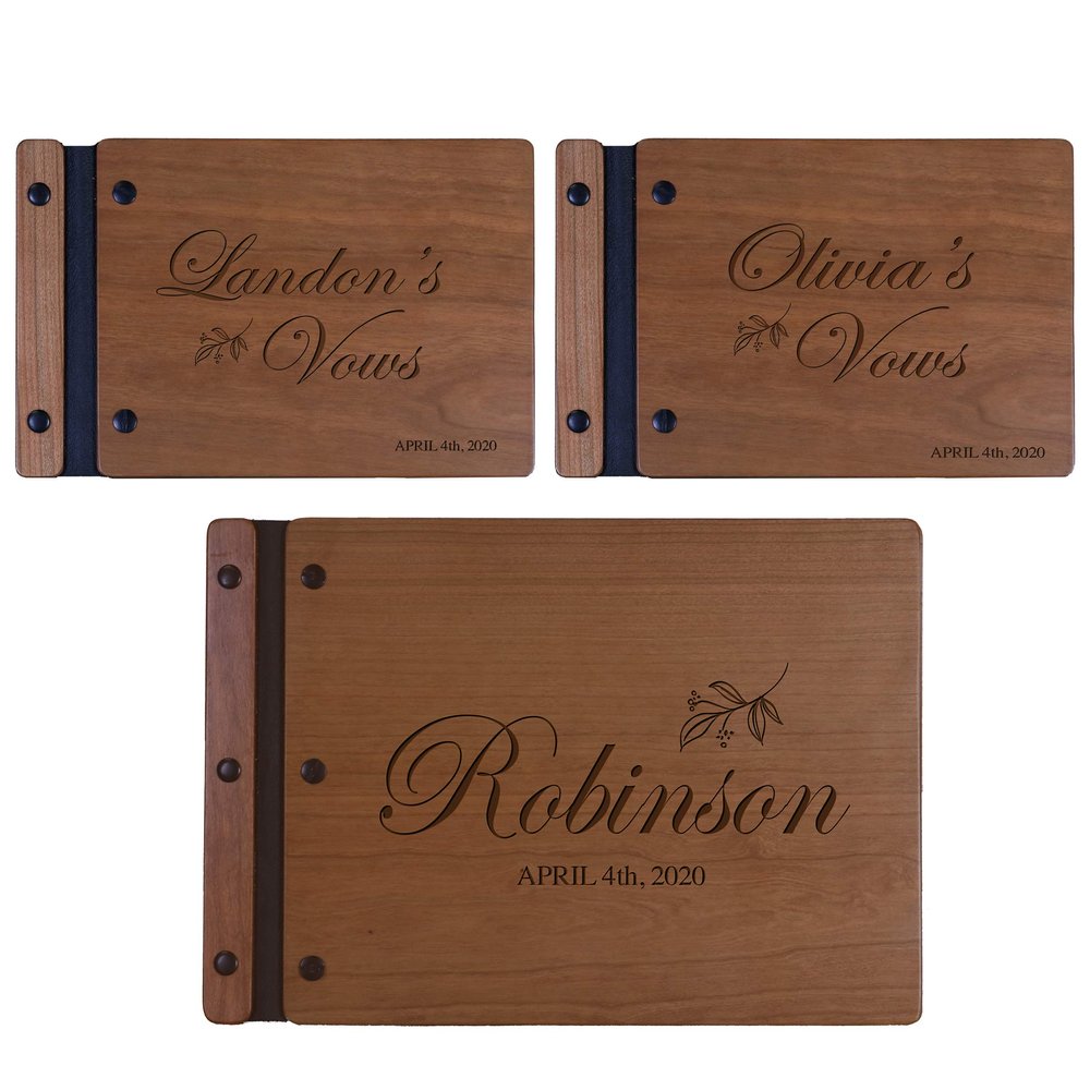 LifeSong Milestones Personalized Wedding Marriage Vow 3 Piece Guest Books - Husband and Wife Marriage Celebration, Custom Engraved Wooden Signature Registry Guest Book (Cherry)