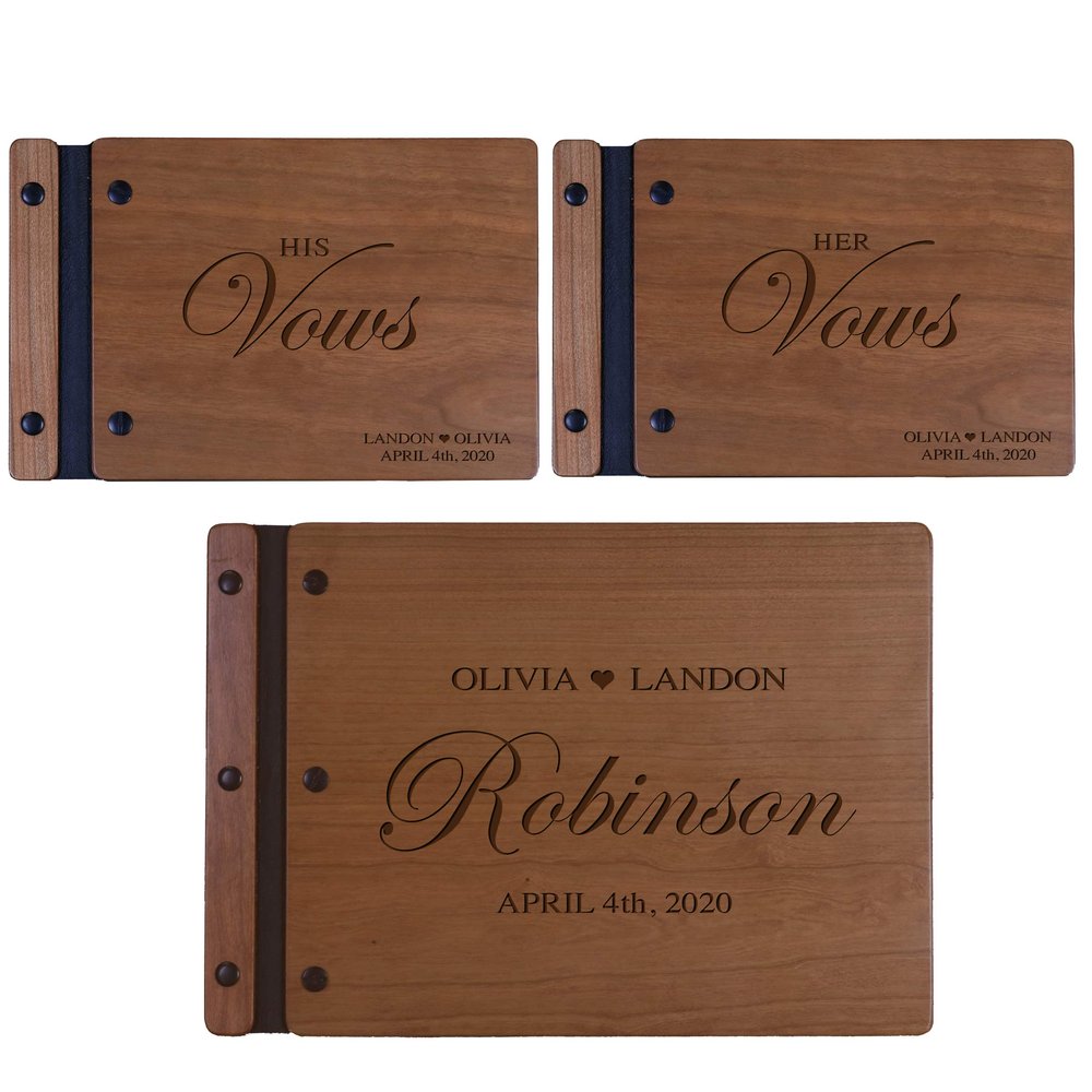 LifeSong Milestones Personalized Wedding Marriage Vow 3 Piece Guest Books - Husband and Wife Marriage Celebration, Custom Engraved Wooden Signature Registry Guest Book Design C (Cherry)