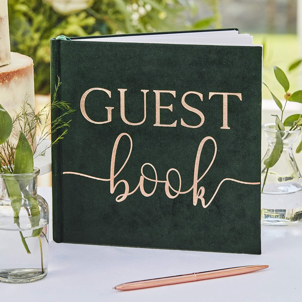 Ginger Ray Botanical Wedding Green Velvet Bronze Foiled Guest Book Paper