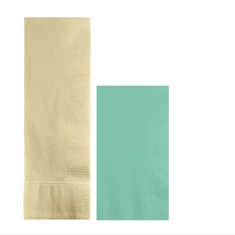 Converting Paper Bulk Party Napkin Bundle, 100 Ivory Dinner and 200 Mint Green Beverage/Cocktail Paper Napkins, Box of 300 Napkins