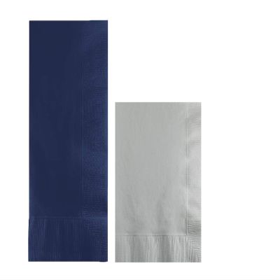 Converting Paper Bulk Party Napkin Bundle, 100 Navy Blue Dinner and 200 Silver Beverage/Cocktail Paper Napkins, Box of 300 Napkins