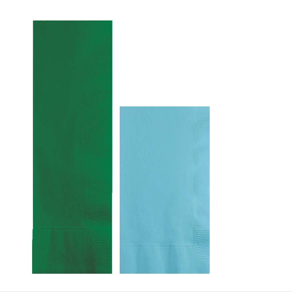 Converting Paper Bulk Party Napkin Bundle, 100 Emerald Green Dinner and 200 Pastel Blue Beverage/Cocktail Paper Napkins, Box of 300 Napkins