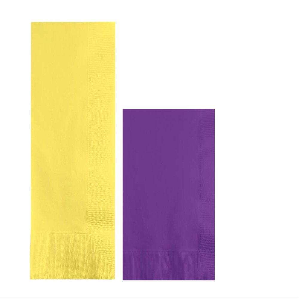 Converting Paper Bulk Party Napkin Bundle, 100 Light Yellow Dinner and 200 Amethyst Purple Beverage/Cocktail Paper Napkins, Box of 300 Napkins