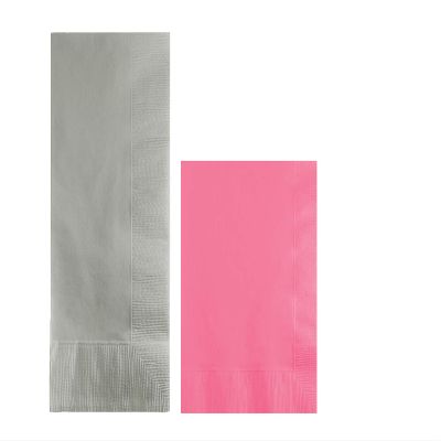 Converting Paper Bulk Party Napkin Bundle, 100 Silver Dinner and 200 Candy Pink Beverage/Cocktail Paper Napkins, Box of 300 Napkins