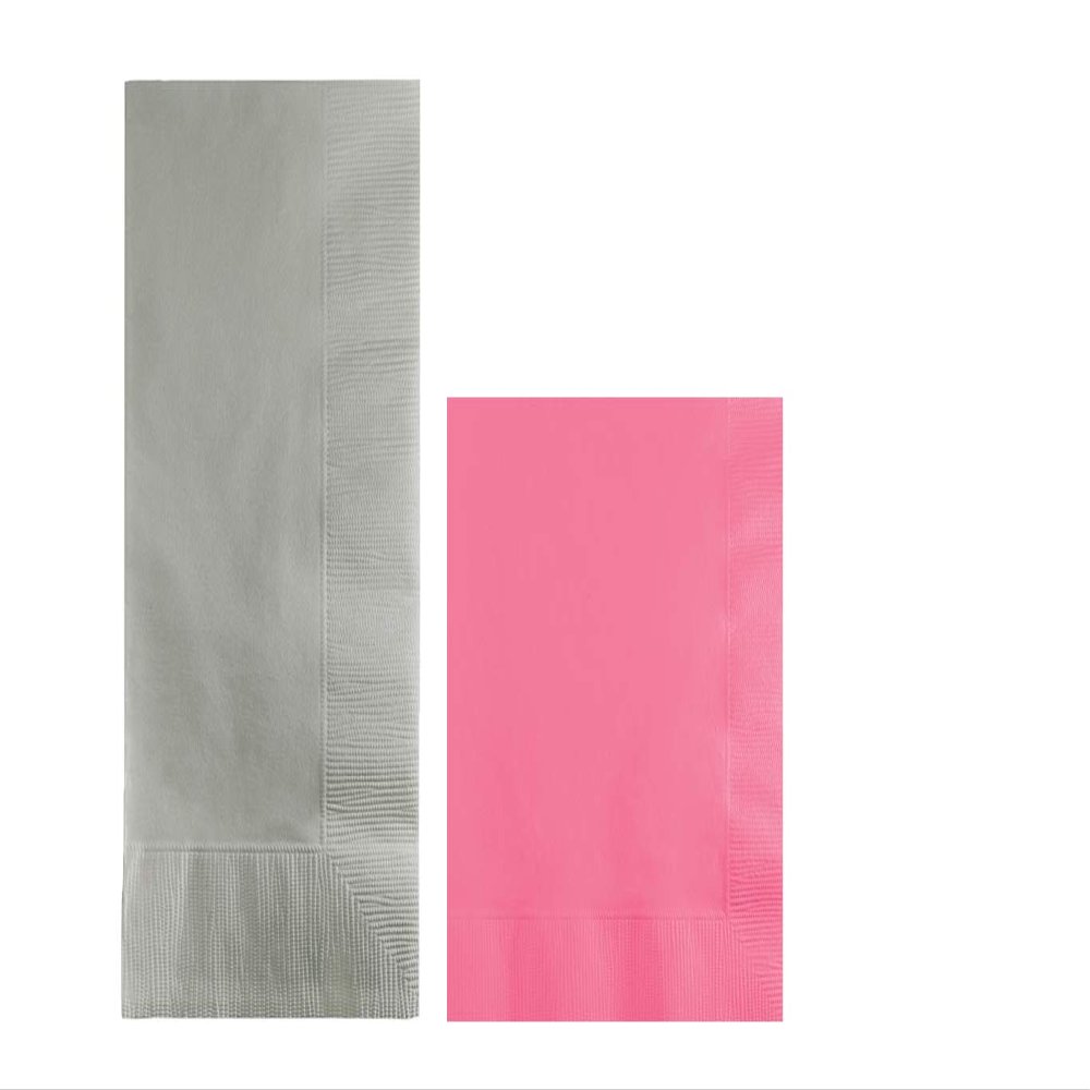 Converting Paper Bulk Party Napkin Bundle, 100 Silver Dinner and 200 Candy Pink Beverage/Cocktail Paper Napkins, Box of 300 Napkins