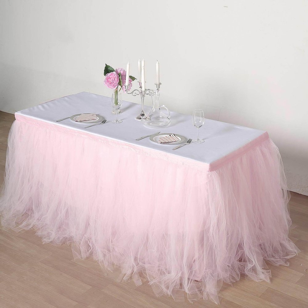Efavormart 17ft Full Size 4 Layer Fluffy Tulle - Tutu Table Skirt for Dining Catering Wedding Birthday Party Events - Blush