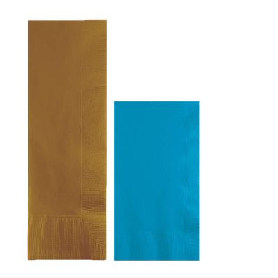 Converting Paper Bulk Party Napkin Bundle, 100 Gold Dinner and 200 Turquoise Blue Beverage/Cocktail Paper Napkins, Box of 300 Napkins