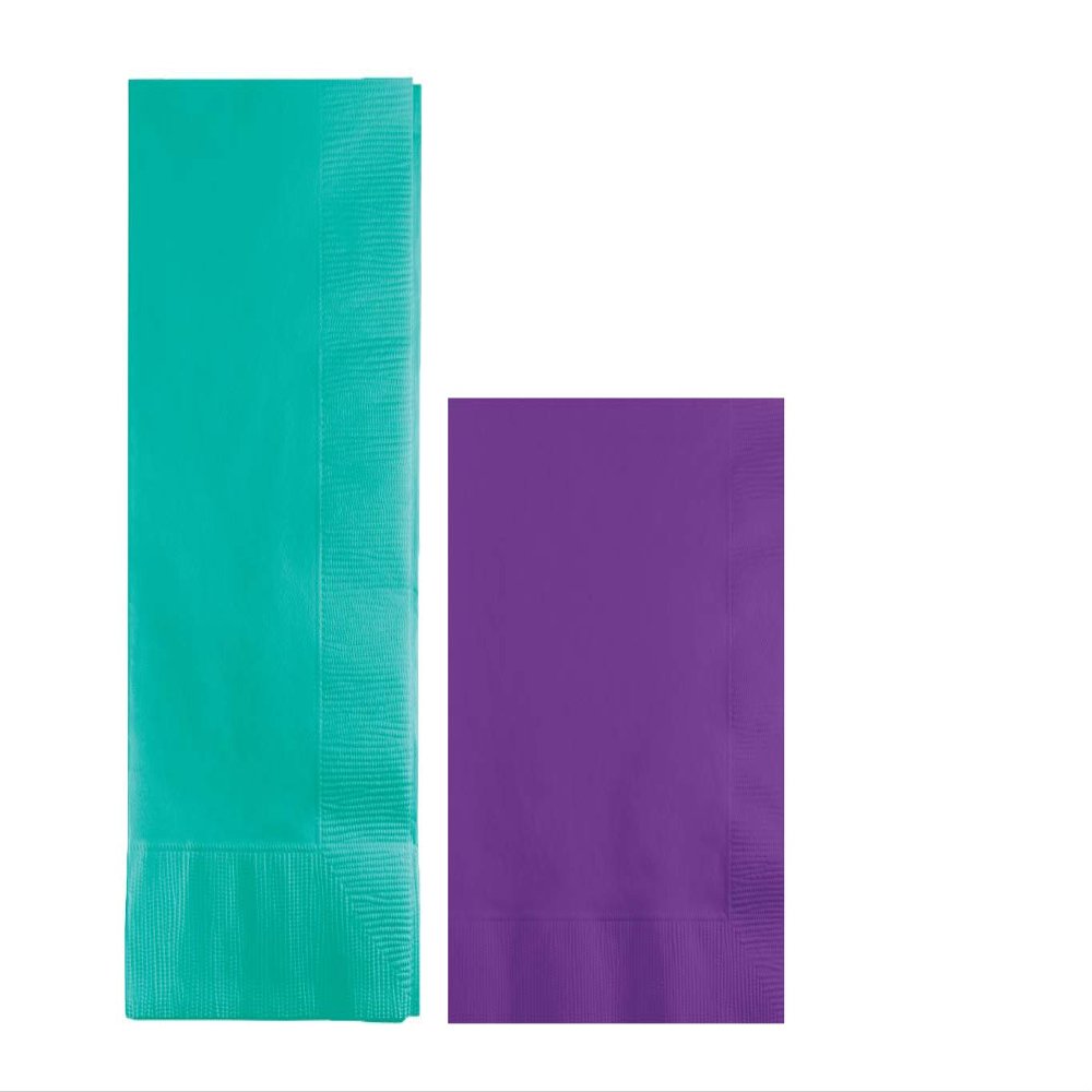 Converting Paper Bulk Party Napkin Bundle, 100 Teal Green Dinner and 200 Amethyst Purple Beverage/Cocktail Paper Napkins, Box of 300 Napkins