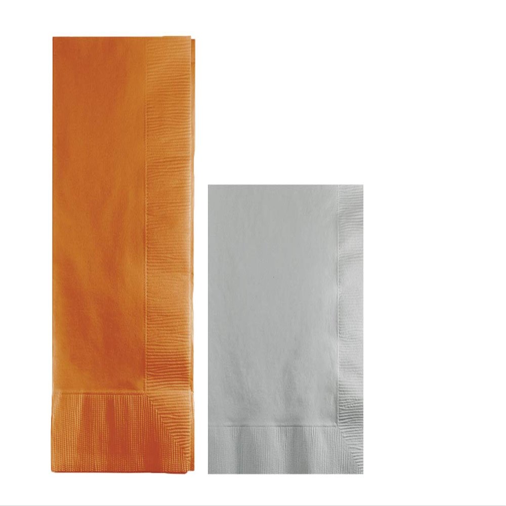 Converting Paper Bulk Party Napkin Bundle, 100 Pumpkin Spice Dinner and 200 Silver Beverage/Cocktail Paper Napkins, Box of 300 Napkins