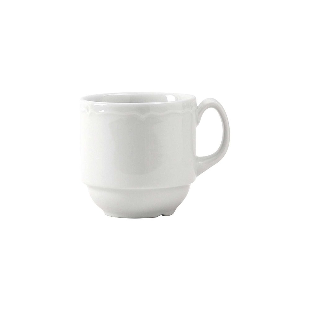 Tuxton Charleston Porcelain White Scalloped 8-Ounce Stackable Cup, Case of 36, Bright White; Scratch Resistant; Chip Resistant; Lead & Cadmium Free; Dishwasher, Microwave, Oven Safe