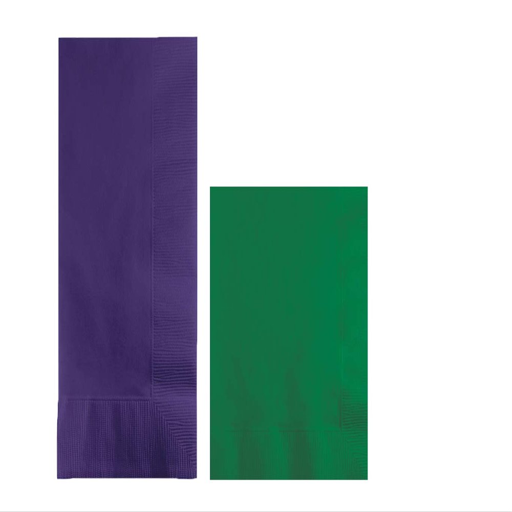 Converting Paper Bulk Party Napkin Bundle, 100 Purple Dinner and 200 Emerald Green Beverage/Cocktail Paper Napkins, Box of 300 Napkins