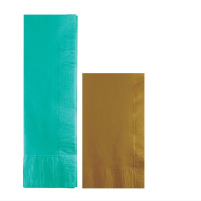Converting Paper Bulk Party Napkin Bundle, 100 Teal Green Dinner and 200 Gold Beverage/Cocktail Paper Napkins, Box of 300 Napkins