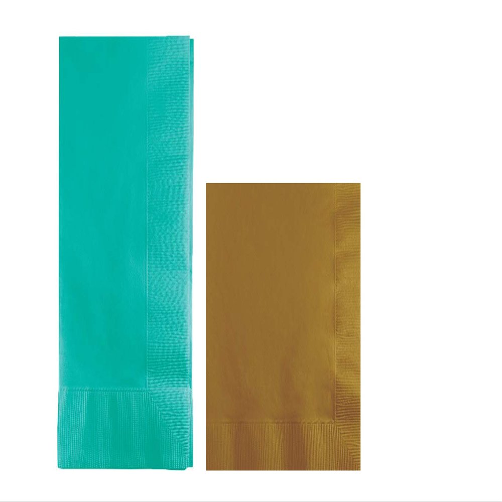 Converting Paper Bulk Party Napkin Bundle, 100 Teal Green Dinner and 200 Gold Beverage/Cocktail Paper Napkins, Box of 300 Napkins