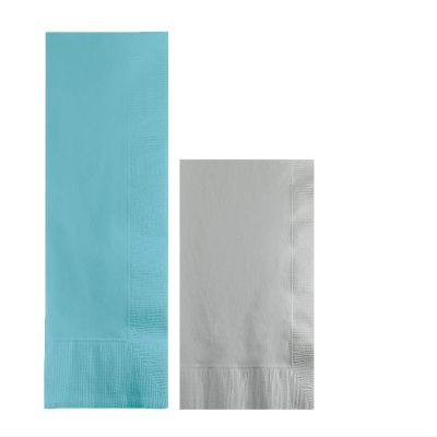 Converting Paper Bulk Party Napkin Bundle, 100 Pastel Blue Dinner and 200 Silver Beverage/Cocktail Paper Napkins, Box of 300 Napkins