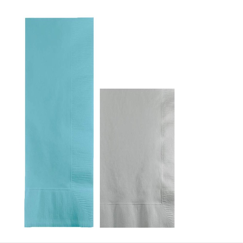 Converting Paper Bulk Party Napkin Bundle, 100 Pastel Blue Dinner and 200 Silver Beverage/Cocktail Paper Napkins, Box of 300 Napkins