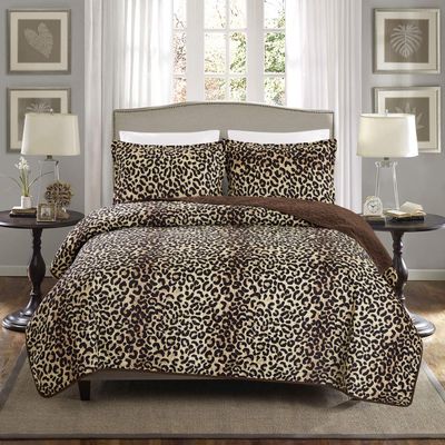 Grand Linen 3-Piece Fine Animal Print Oversize (100" X 95") Quilt Set, Bedspread Coverlet Queen Size Bed Cover (Brown, Black Leopard Print)