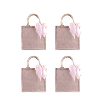 Bulk Bridesmaid Gift Bags Burlap Tote with Pink Ribbon Bachelorette Party Jute Handbag (Pack of 4)