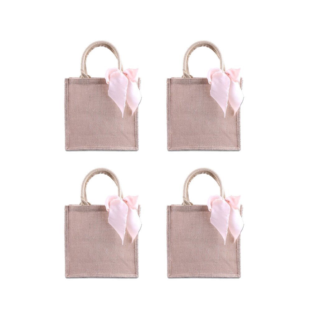 Bulk Bridesmaid Gift Bags Burlap Tote with Pink Ribbon Bachelorette Party Jute Handbag (Pack of 4)
