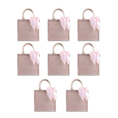 Bulk Bridesmaid Gift Bags Burlap Tote with Pink Ribbon Bachelorette Party Jute Handbag (Pack of 8)