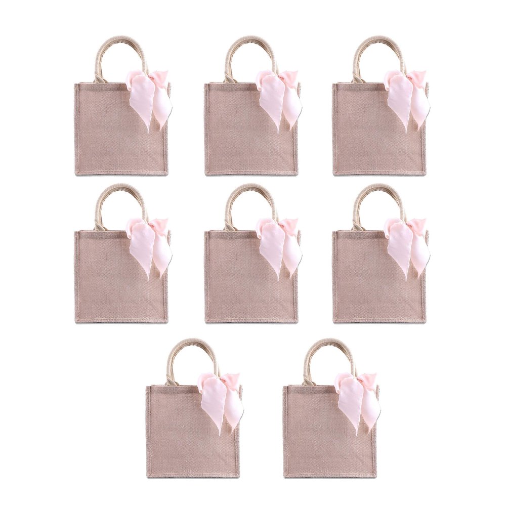 Bulk Bridesmaid Gift Bags Burlap Tote with Pink Ribbon Bachelorette Party Jute Handbag (Pack of 8)