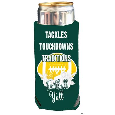 VictoryStore Slim Can Coolers: Football Slim Can Cooler for 12oz Tall Skinny Cans Tackles Touchdowns Traditions Football Y'all (Green Yellow)