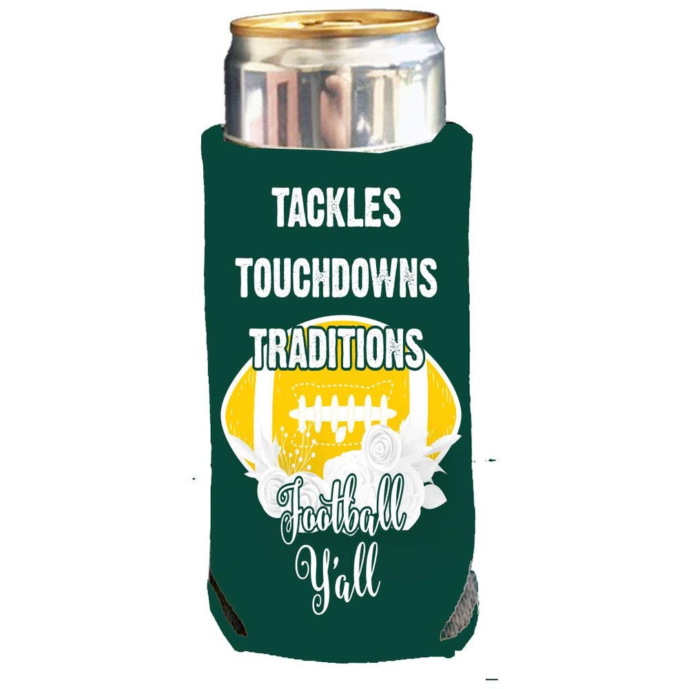 VictoryStore Slim Can Coolers: Football Slim Can Cooler for 12oz Tall Skinny Cans Tackles Touchdowns Traditions Football Y'all (Green Yellow)