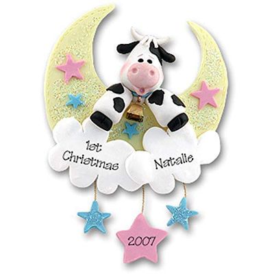 Baby's First Christmas Personalized Baby Ornament, Cow in Moon Personalized Christmas Ornaments, Handmade Polymer Clay Ornaments