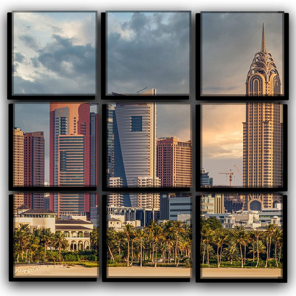 Big 9 Piece Skyline Dubai Wall Art Decor Picture Painting Poster Print on Canvas Panels Pieces - Cityscape Theme Wall Decoration Set - Skyscrapers Wall Picture for Living Room 30 by 30 in