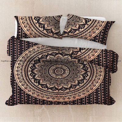 Indian Handmade Hippie Cotton Ethnic Print Bohemian Mandala Ombre Duvet Cover Bedding Donna Comforter Cover Throw Blanket with 2 Pillows Shams (Black Gold Ombre, California King 104*104 Inches)