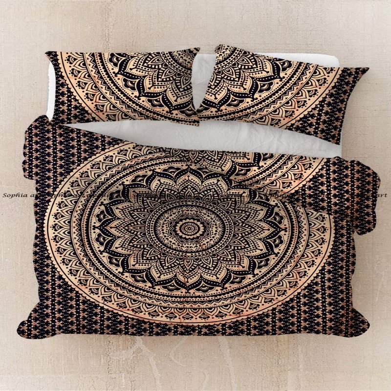 Indian Handmade Hippie Cotton Ethnic Print Bohemian Mandala Ombre Duvet Cover Bedding Donna Comforter Cover Throw Blanket with 2 Pillows Shams (Black Gold Ombre, California King 104*104 Inches)
