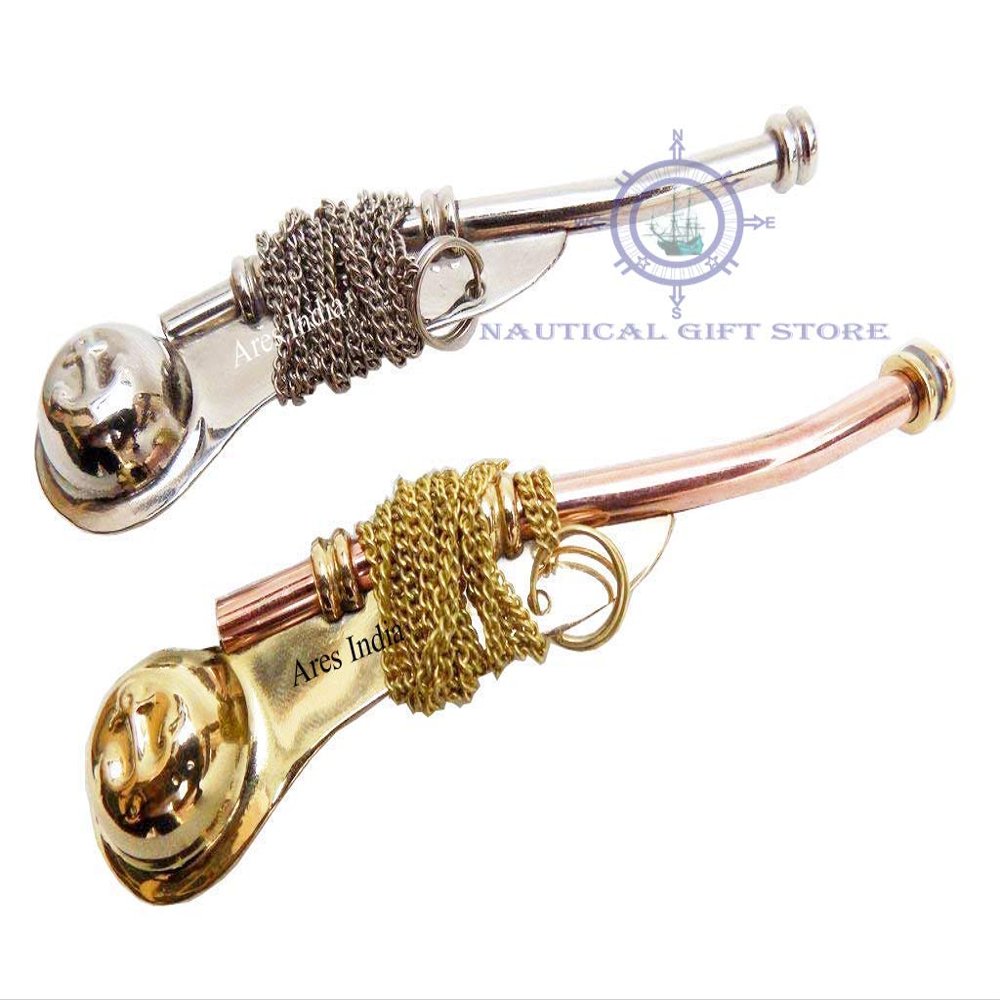 Brass Boatswain Whistle 5" with Chain Bosun Call Pipe Nautical - Set of 2 Super Voice