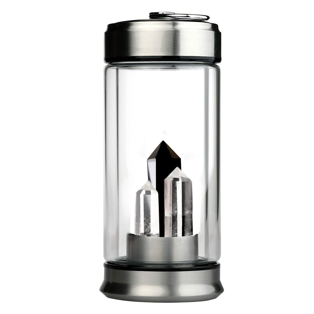 WCOLAS Crystal Water Bottle & Healing Crystal Wands,Energy Polymer Natural Chakra Quartz Stone,Double Glass with Stainless Steel Cover Gem Decor,Sports Yoga Reverse Water Bottle,Unique Collection Gift