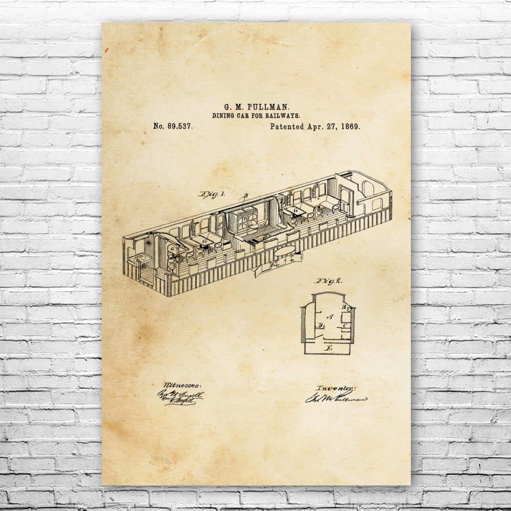 Train Dining Car Poster Print, Pullman Train Car, Collector Gift, Train Blueprint, Train Station Art, Conductor Gift Vintage Paper (24 inch x 36 inch)
